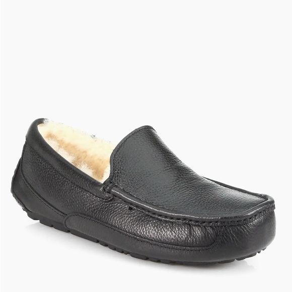 UGG Ascot Leather Cozy Lined Black Pebbled Leather Slip On Slippers Loafers US14 - Picture 1 of 8